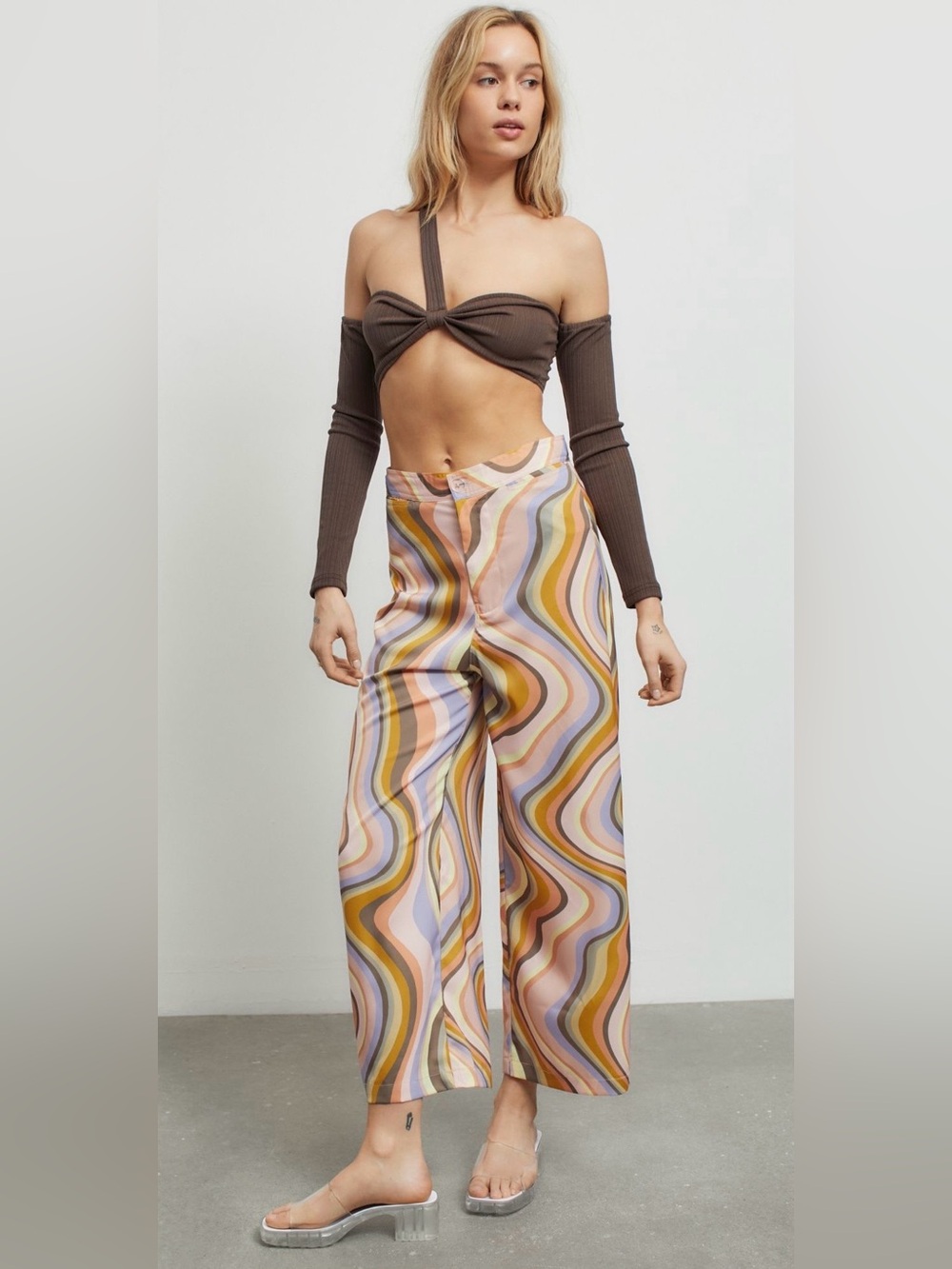 Urban Outfitters Satin Olympia Swirl Print Wide-Leg Pants Multicolor Size M